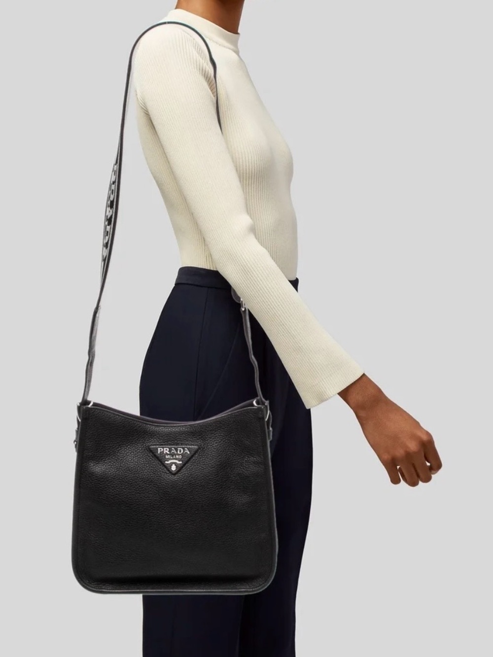 Prada Black Pebbled Leather Shoulder Bag with Logo Strap